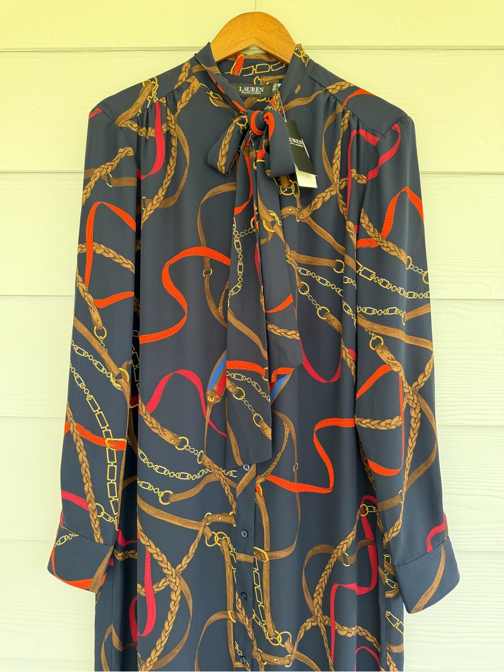 Ralph Lauren Georgette Equestrian Chain Print Tie Neck Midi Dress Navy 14 - Picture 4 of 11